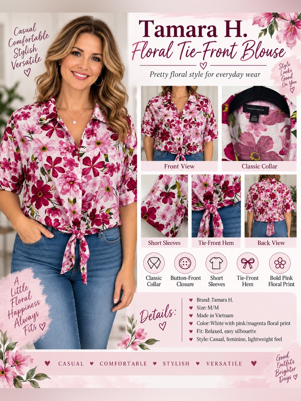Tie-Front Floral Button-Down Shirt - Pink/White